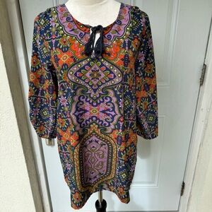 NLW. Multicolored Boho Tunic. Long Ruched Sleeves. Size Small. Tassel.